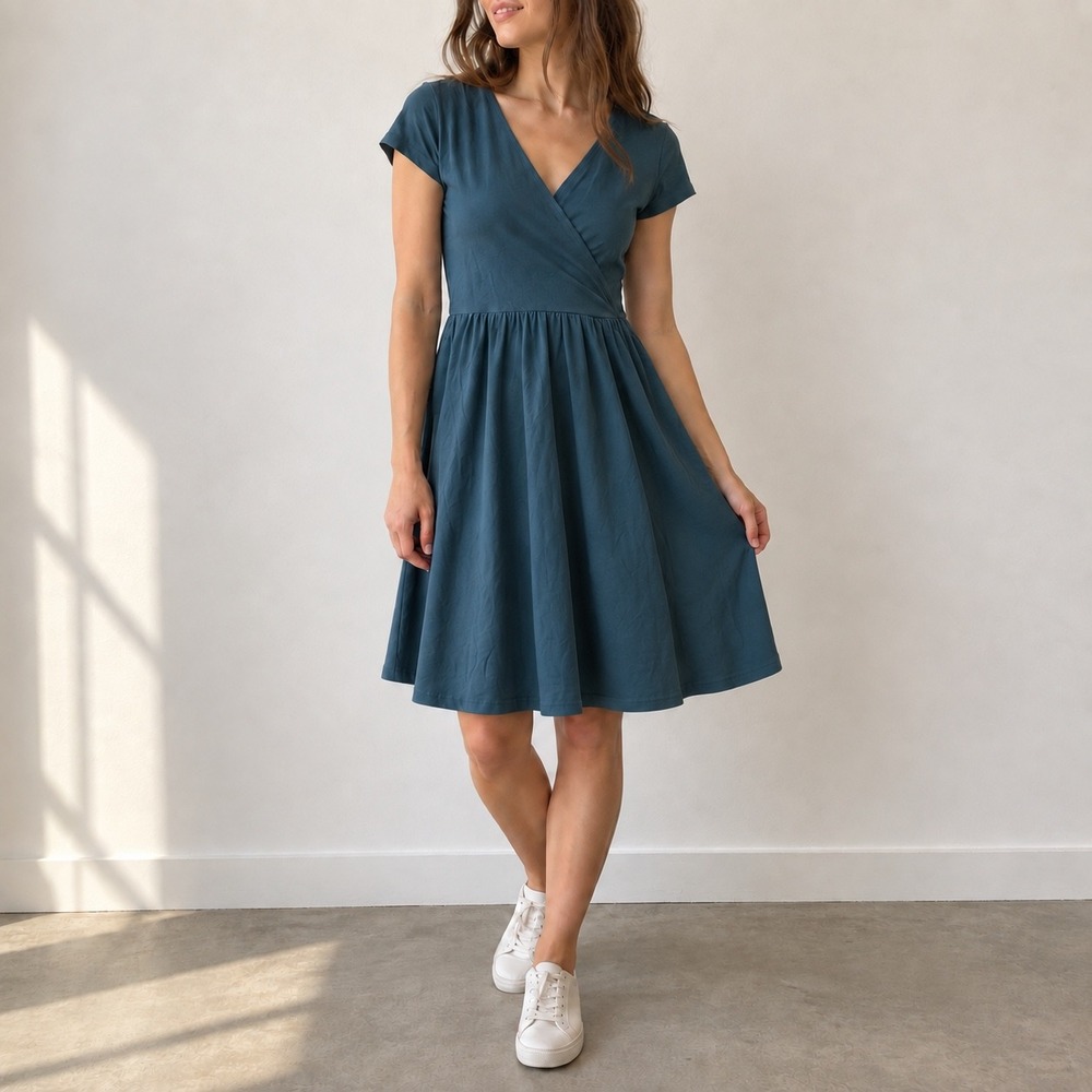 Pact Deep Aqua Fit & Flare Crossover Dress Size L Sustainable Minimalist